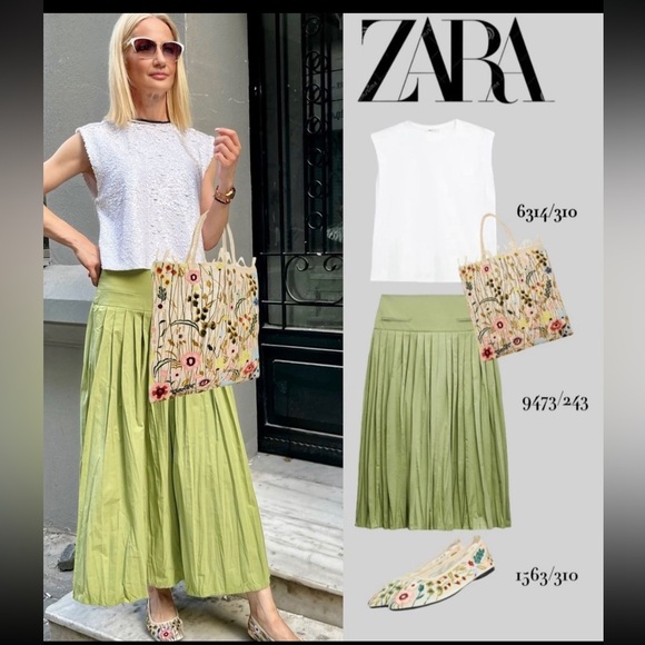Zara Cotton Pleated Midi Skirt Mid Waist Yoke Detail at waist ZW Green XS NWT - Picture 8 of 16